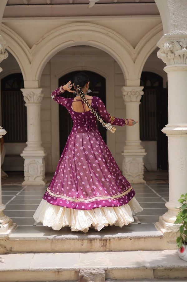 12 MTR Flared Kora Cotton Lehenga with Wine Bandhani Kurti