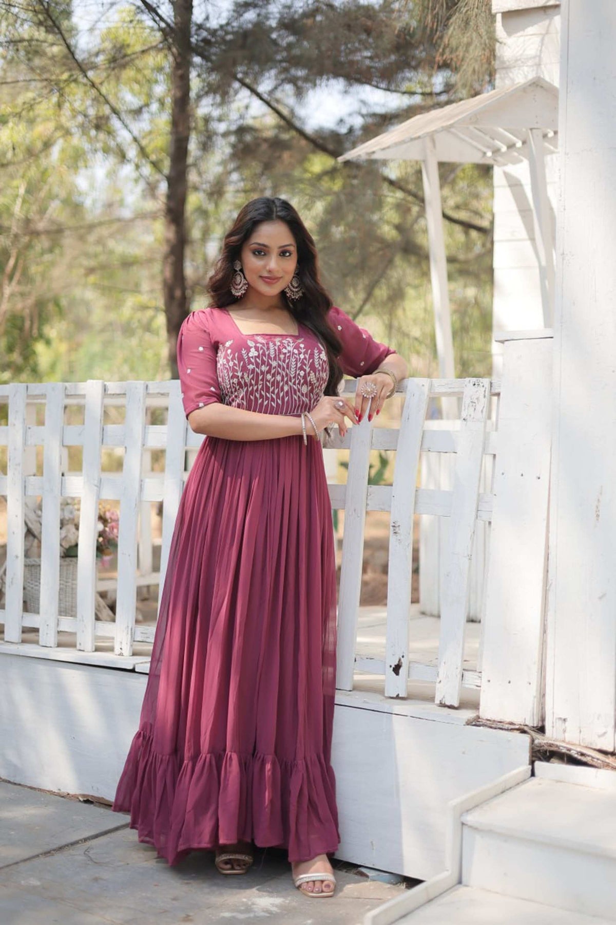 Elegant Faux Georgette Gown Sequins & Embroidered Charm