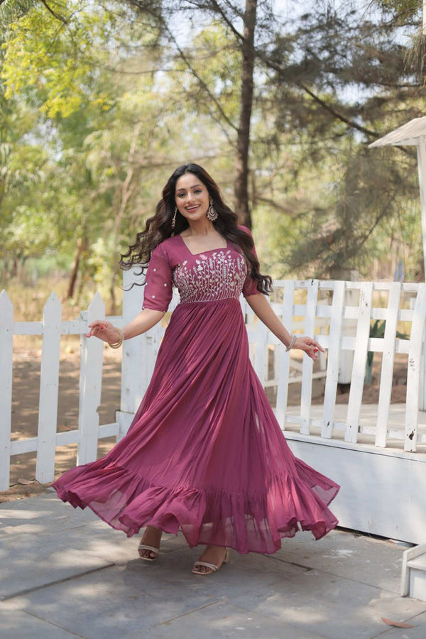 Elegant Faux Georgette Gown Sequins & Embroidered Charm
