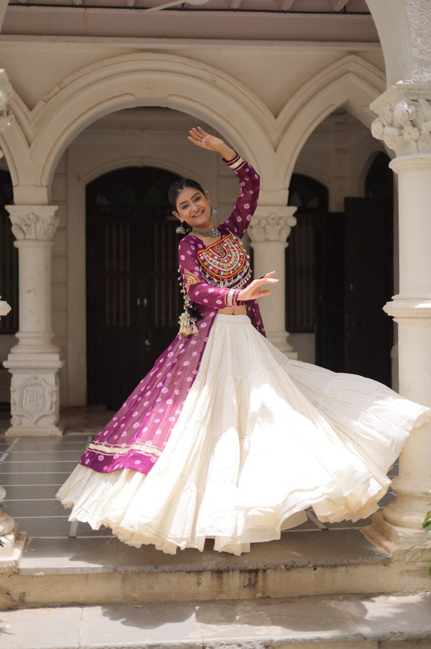 12 MTR Flared Kora Cotton Lehenga with Wine Bandhani Kurti