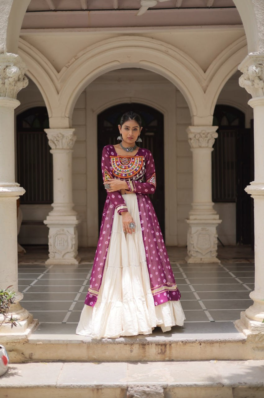 12 MTR Flared Kora Cotton Lehenga with Wine Bandhani Kurti
