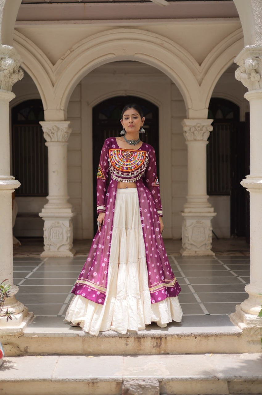 12 MTR Flared Kora Cotton Lehenga with Wine Bandhani Kurti