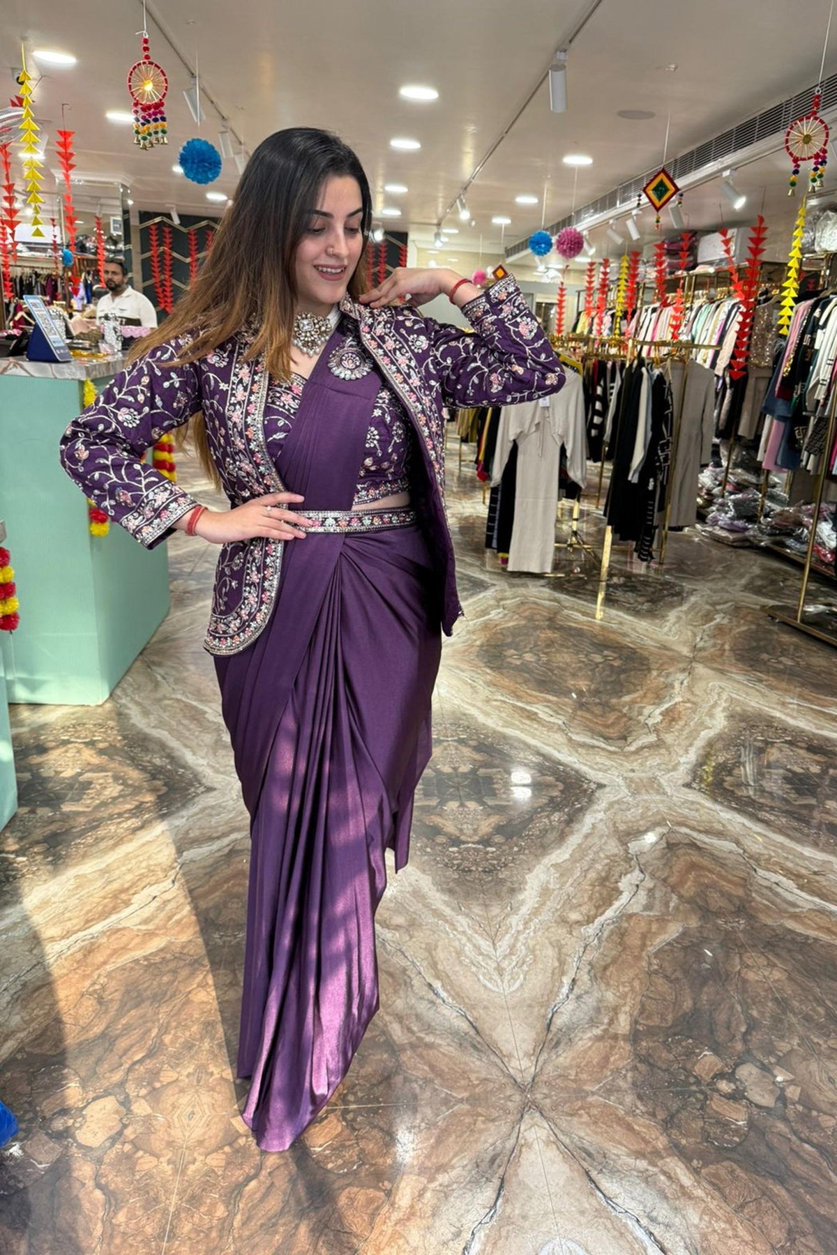 Purple Rangoli Silk Ready-to-Wear Saree with Embroidered Blouse, Koti