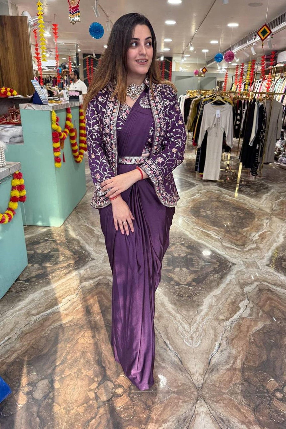 Purple Rangoli Silk Ready-to-Wear Saree with Embroidered Blouse, Koti