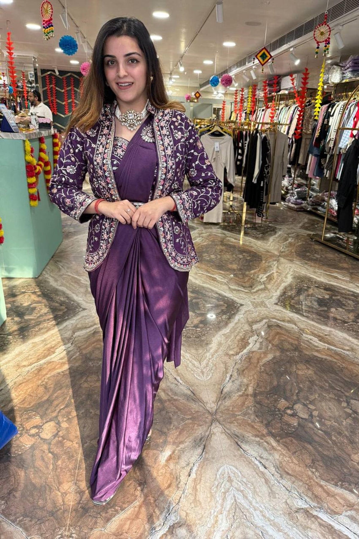 Purple Rangoli Silk Ready-to-Wear Saree with Embroidered Blouse, Koti