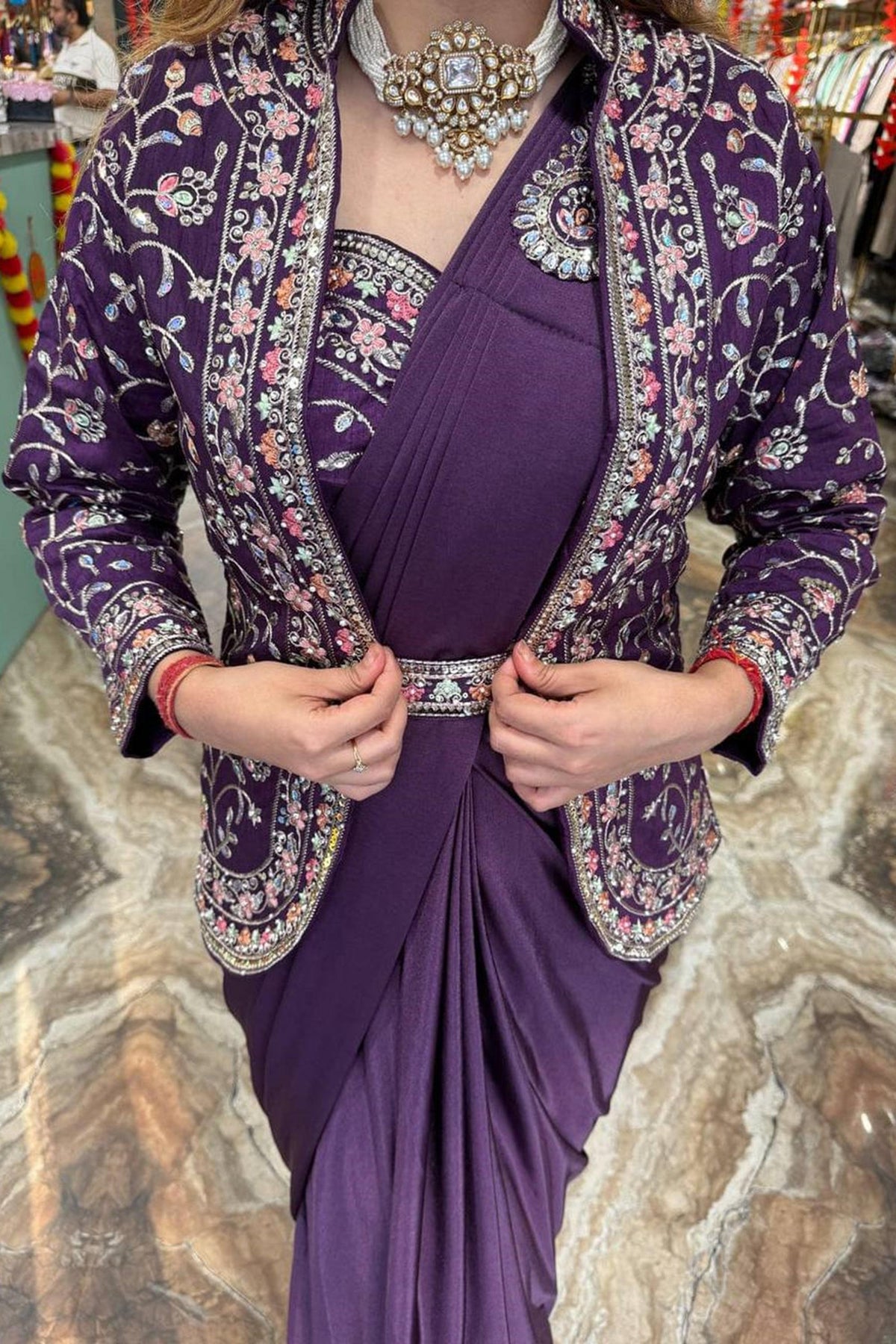 Purple Rangoli Silk Ready-to-Wear Saree with Embroidered Blouse, Koti