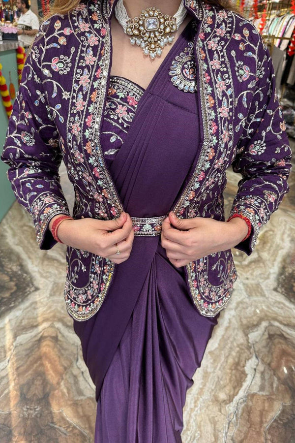 Purple Rangoli Silk Ready-to-Wear Saree with Embroidered Blouse, Koti