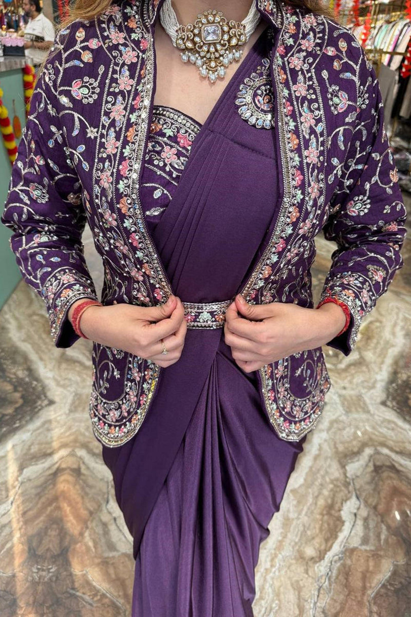 Purple Rangoli Silk Ready-to-Wear Saree with Embroidered Blouse, Koti
